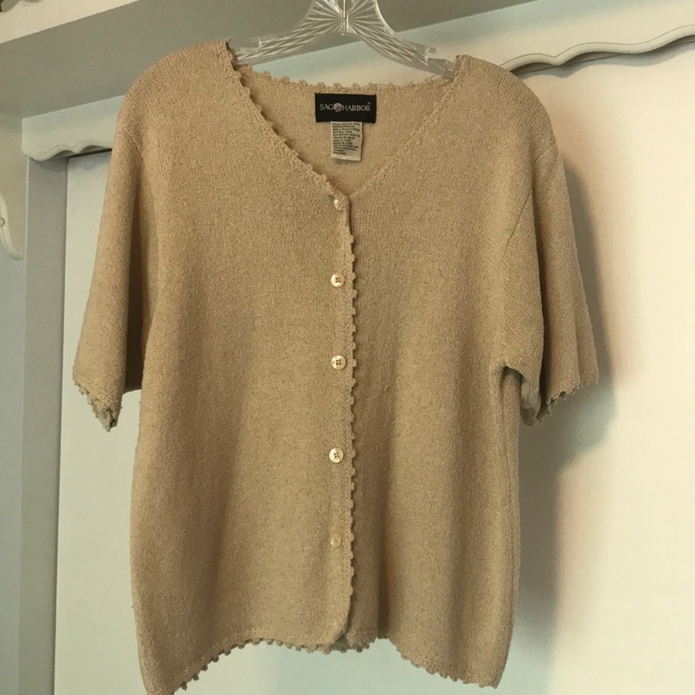 Sag Harbor tan silk blend button down shirt
